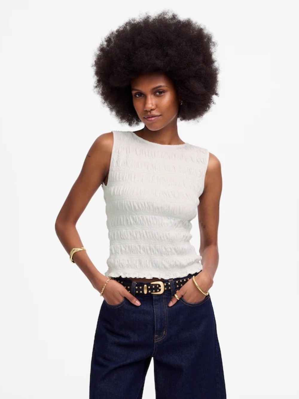 NWT Madewell Smocked Boatneck Tank white women's medium minimal basic classic